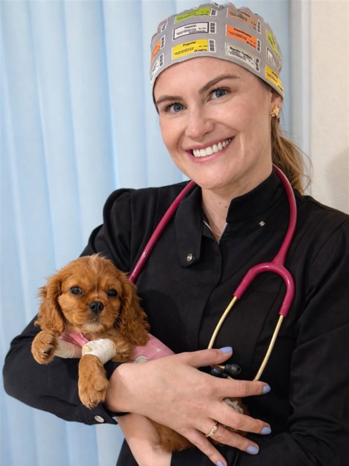 Dra. Jéssica Clock, médica-veterinária, em atendimento no consultório